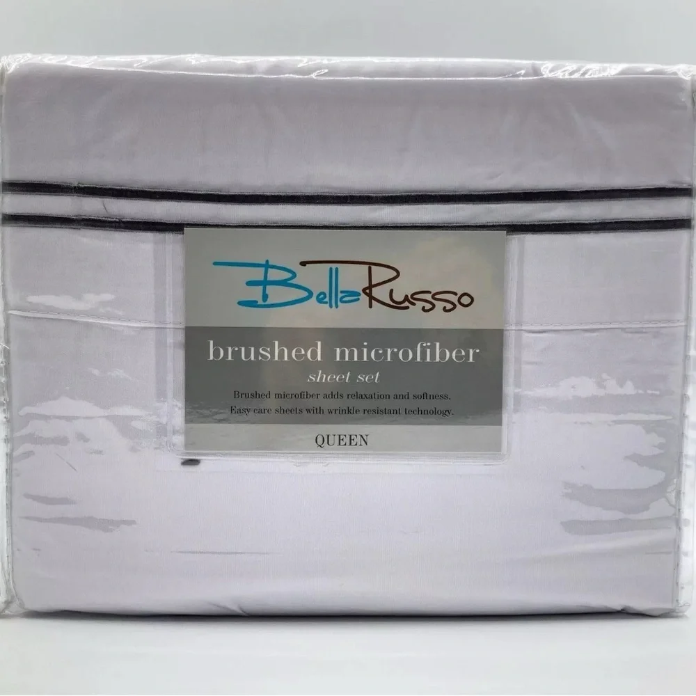 Bella Russo Brushed Microfiber Queen Sheet Set White Wrinkle Resistant Polyester